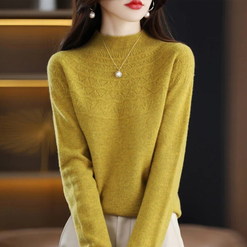 Women's Sweater 100% Wool Autumn Winter Half Turtleneck Loose Short Long Sleeve Pullover Hollow Fashion Knitted  Bottoming Shirt