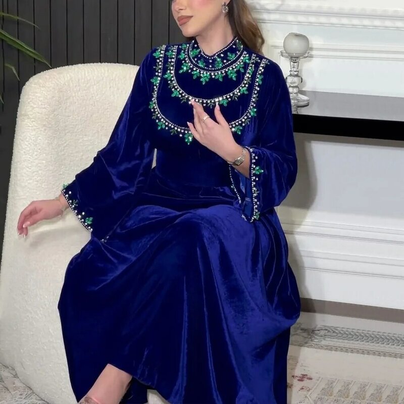 Luxury Fashion Saudi Arabian Abaya Robe Velvet Zipper Green Water Drop Diamond Middle Eastern Muslim Islamic Dress
