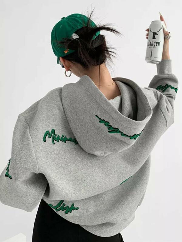 Deeptown-sudaderas con capucha de gran tamaño para mujer, suéter holgado de manga larga con bordado de Hip Hop, estilo Harajuku, informal, Grunge, coreano, color gris
