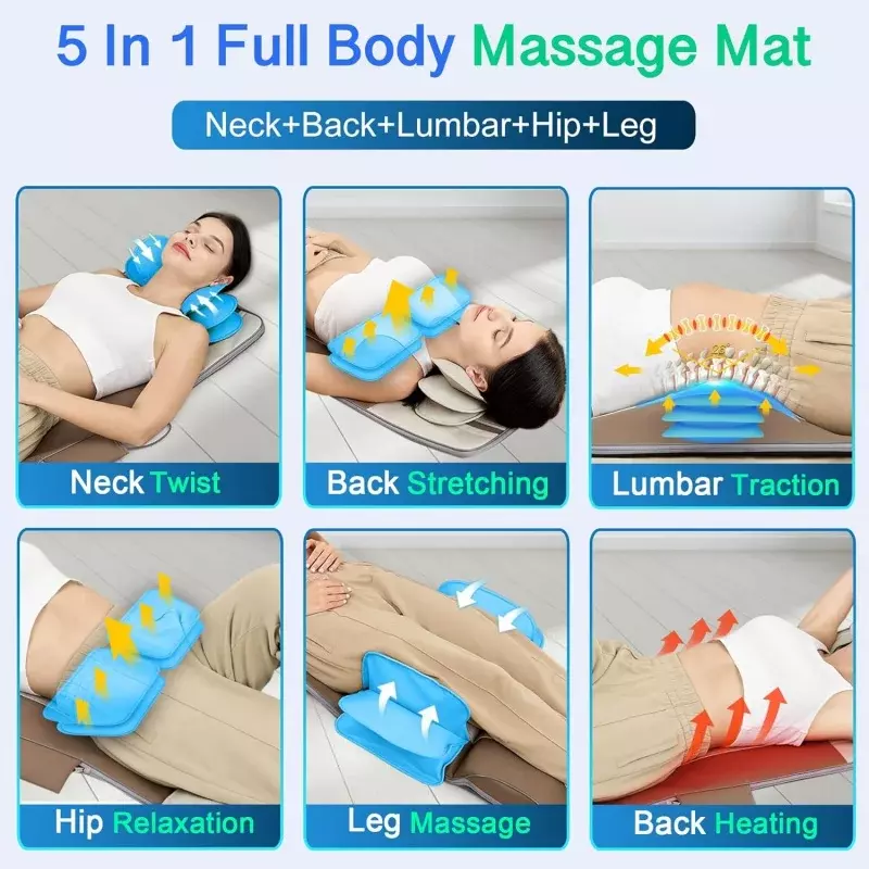 Estera de masaje de cuerpo completo con Airbags, estiramiento y calefacción, tracción Lumbar 3D y relajación, almohadilla masajeadora de espalda, 4 modos 3 I