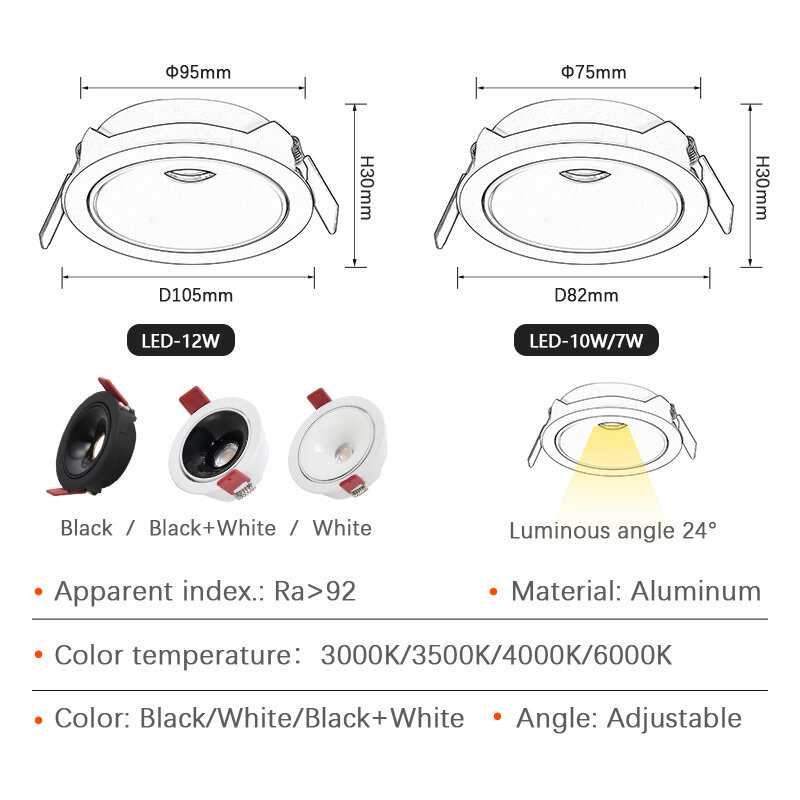 Ultra-fino led downlight incorporado 12w lâmpada de teto do agregado familiar borda estreita anti-reflexo lâmpada ângulo ajustável led spotlight