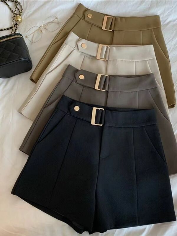 Short taille haute uni pour femme, ceintures design, style coréen, dames élégantes, vintage, printemps
