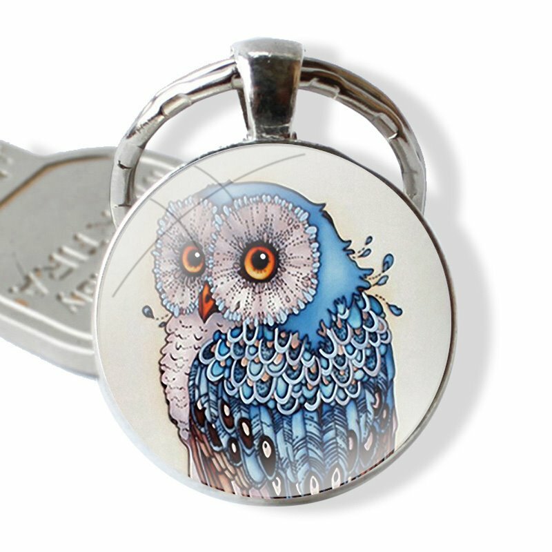 Cute Owls Cartoon Keychain Handmade Glass Cabochon Key Ring Holder Pendant Key Chains