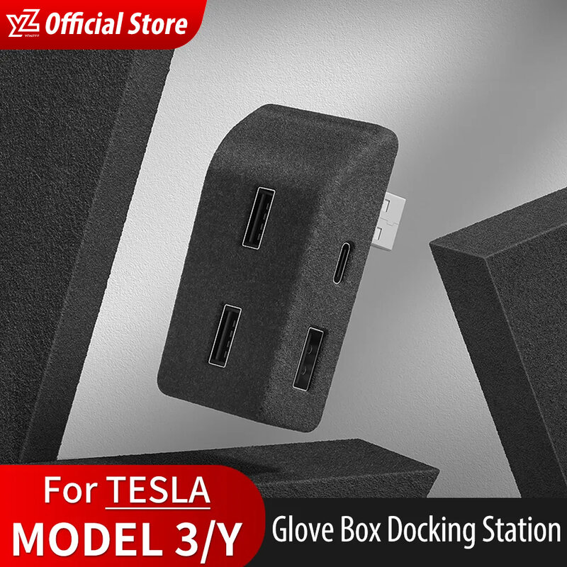 YZ-Glove Box Docking Station para Tesla, carregador rápido, 4 USB Shunt Hub, reunindo Adaptador, Powered Splitter Extensão, Model Y 3