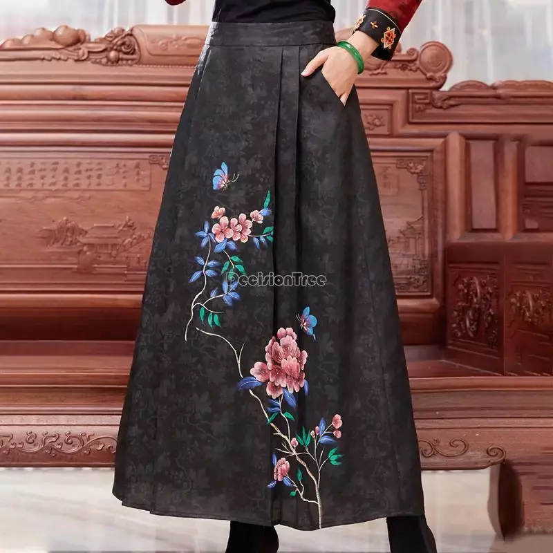 Женский костюм Тан 2023 года, классическая юбка в китайском ретро-стиле, длинная юбка с принтом из пряжи, свободная стильная длинная юбка с высокой талией g522