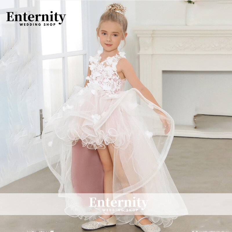 Princesse Enfant Hi-lo-Illusion Back, línea A, Apliques de encaje, cuello redondo, lazo, vestido de flores 3D Para Niñas