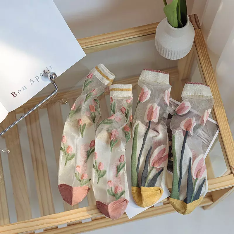 Calcetines transpirables de encaje transparente para mujer, calcetín informal, estilo coreano