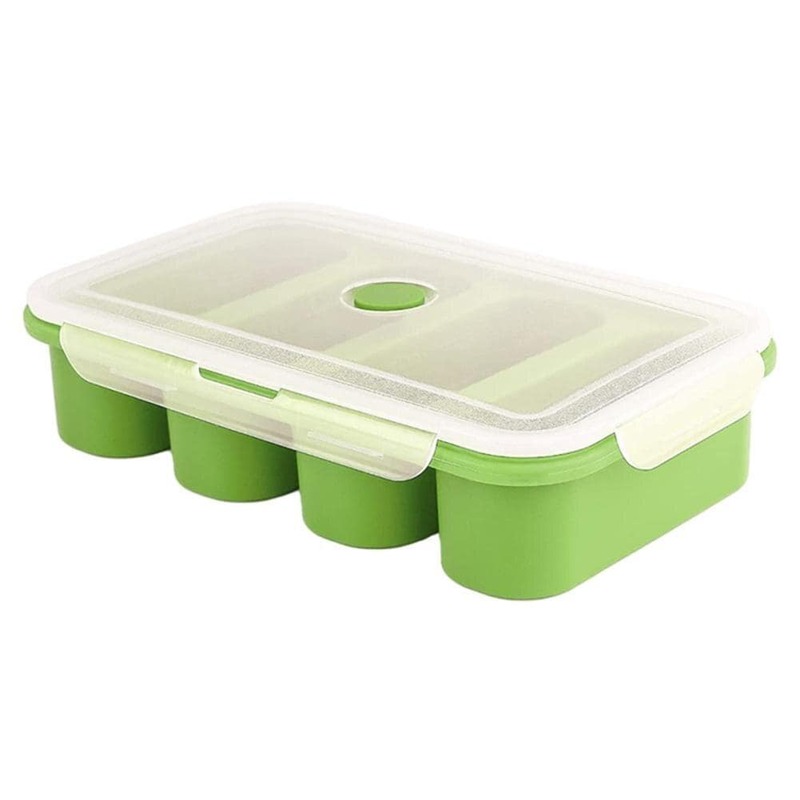 Wadah sup Freezer silikon 4 kubus, cetakan pembekuan makanan dengan tutup kotak kemasan Frozen