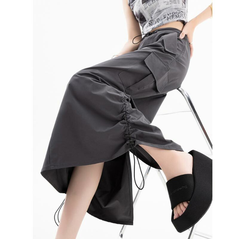 Amerykański Retro spódnica Cargo dla kobiet letnia z rozcięciem z wysokim stanem spódnica do połowy długości Y2k Streetwear modna odzież