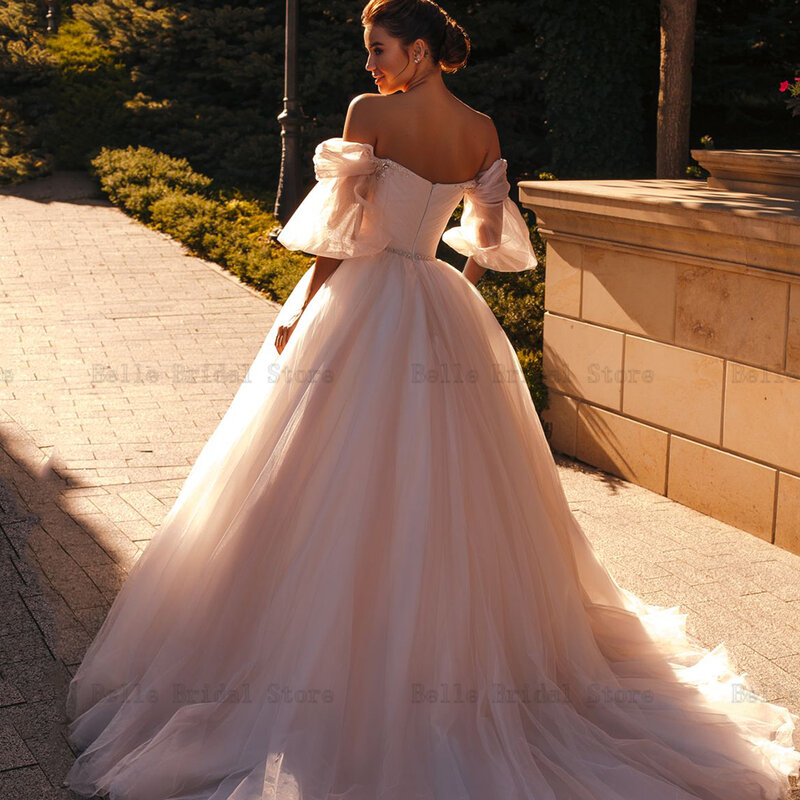 Elegant A-Line Wedding Dresses 2023 Off Shoulder Detachable Sleeves African Bridal Gowns Beaded Sweep Train Tulle Custom Made