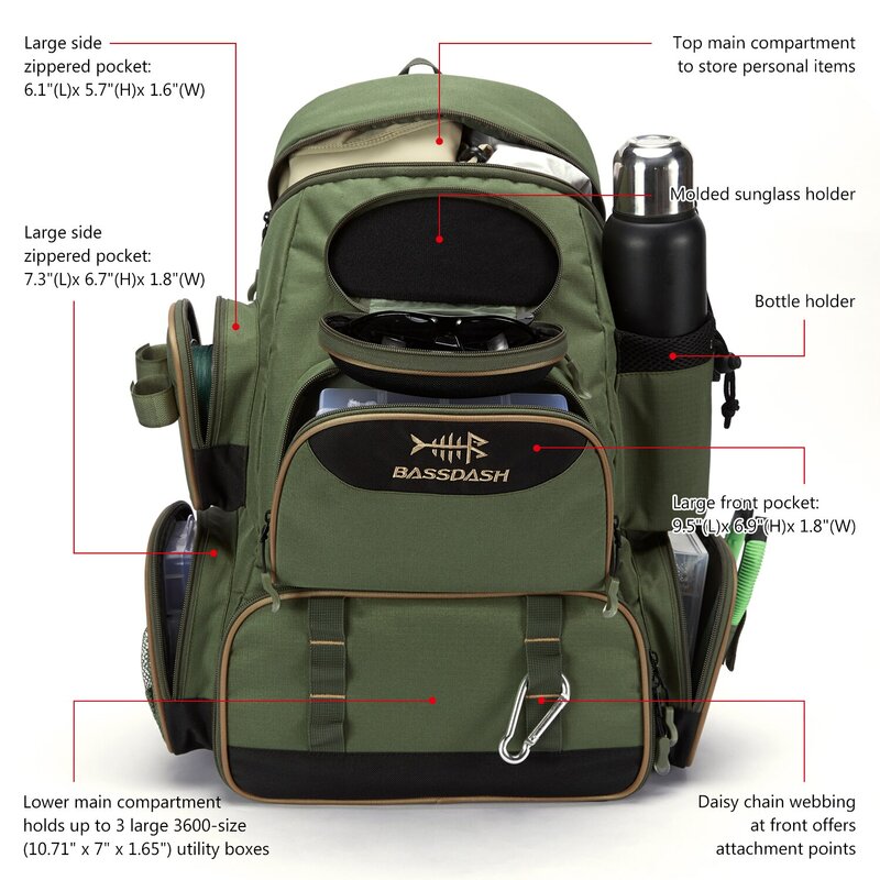 Bassdash Fishing Bag Tackle Backpack Lightweight Tactical Tackle Box Multifunctional