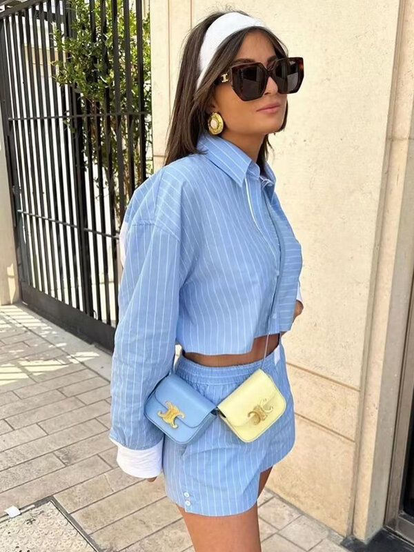 TRAF Woman 2 Pieces Shorts Sets 2023 New Fashion Stripe Shirts Tops+ Contrasting Colors Shorts Casual Two Piece Set Womens Suits