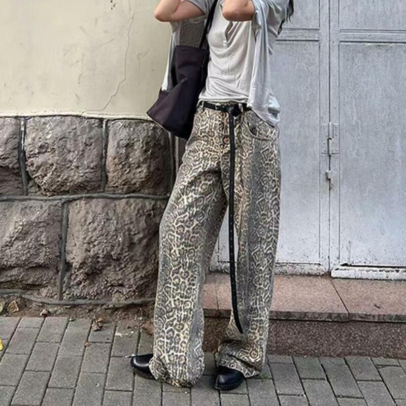 Loose Pants Leopard Print Wide Leg Jeans for Women Men Retro Streetwear Denim Trousers with Hop Pockets Zipper Closure High