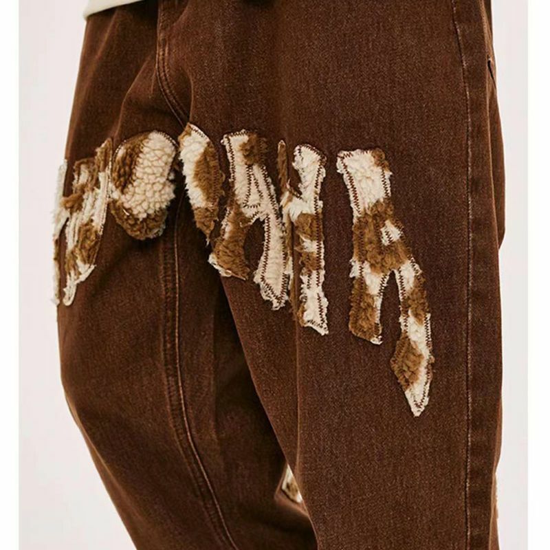 Pantalones vaqueros rectos con diseño de bordado Floral para hombre, vaqueros de pierna ancha, modelo de amor de leopardo café, nueva calle americana, otoño 2022