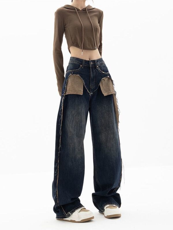New pants children's autumn and winter retro style fashion sense niche contrast stitching high waist wide leg jeans 2023