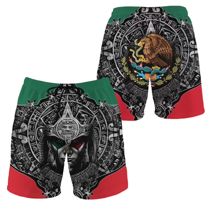 Celana pendek pantai Aztec cetak 3D bendera Meksiko celana pendek pria olahraga luar ruangan papan selancar musim panas kasual celana renang jalan celana pendek