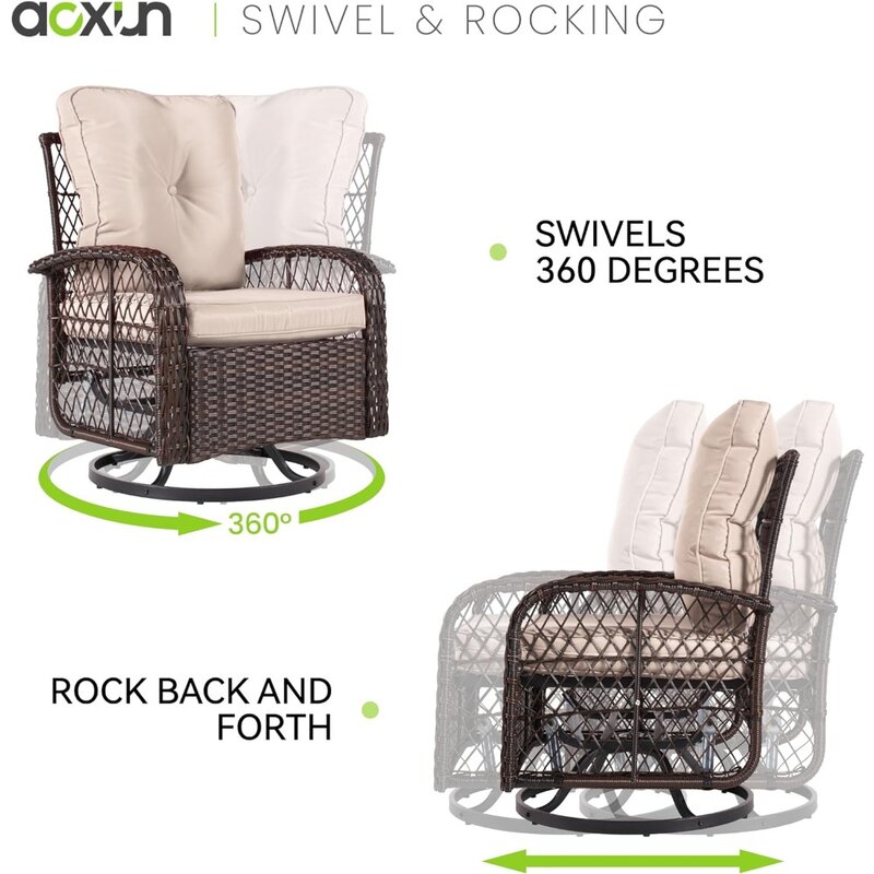 3 Pieces Outdoor Swivel Rocker Set of 2 with Small Side Table Wicker Rattan Furniture Set Rocking Chair Set for Backyard,(Beige)