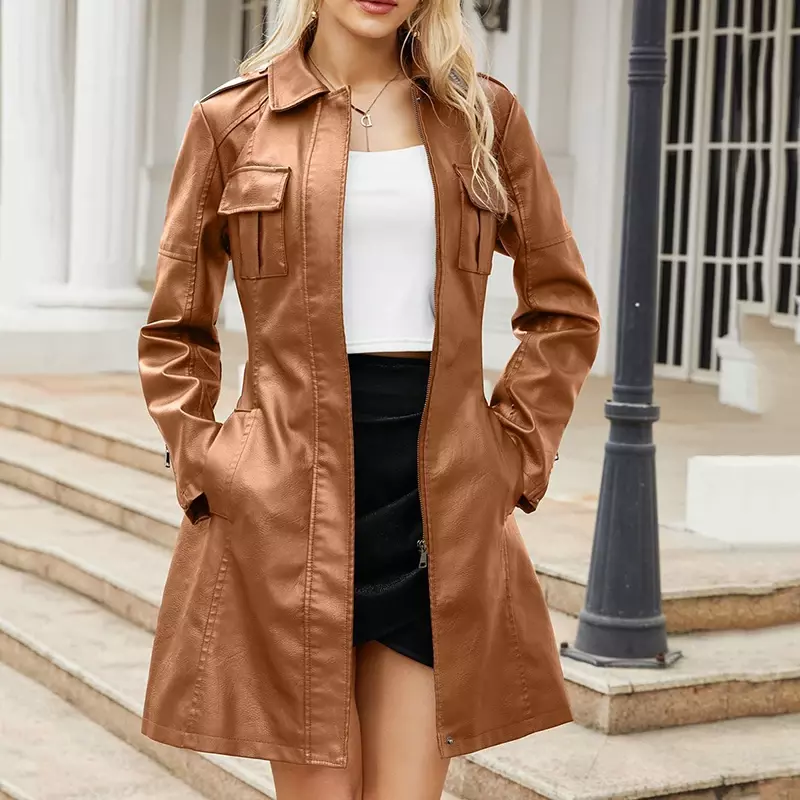 Pakaian kulit wanita, pakaian wanita warna Solid, jaket Jalan kantor elegan dengan sabuk kulit imitasi lengan panjang ramping ritsleting