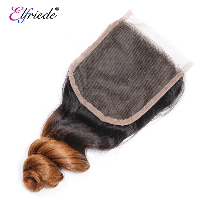Elfriede T1B/30 Loose Wave Ombre Color Hair Bundles with Closure Brazilian Remy Human Hair Wefts 3 Bundles with Lace Closure 4x4