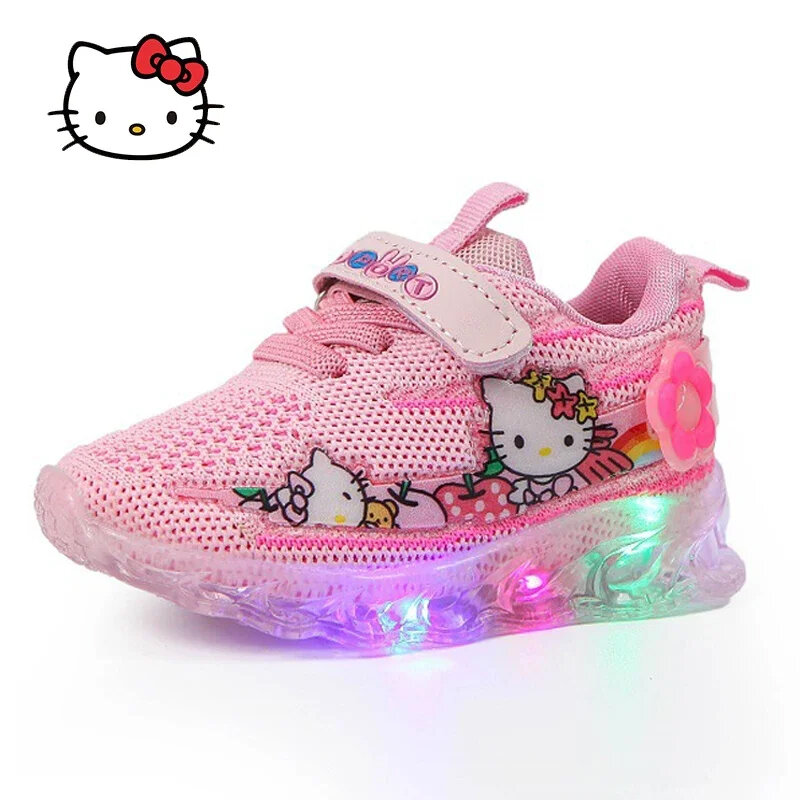 Hello Kitty-Tênis luminosos dos desenhos animados das crianças, luz LED, esportes, casual, malha, voando, tecidos, sapatos infantis