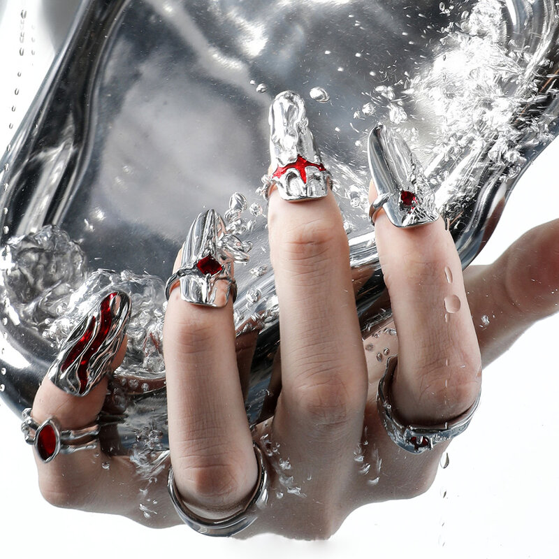 VCH 2022 New Y2K Red Dripping Oil Enamel Irregular Rhinestones Geometry Punk Cool Metal Nail Armor Ring for Women Men jewelry