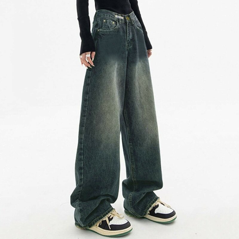 Damskie luźne spodnie dżinsowe w stylu vintage 2024 nowa odzież uliczna szerokie nogawki luźne spodnie dżinsowe moda w trudnej sytuacji proste spodnie Streetwear