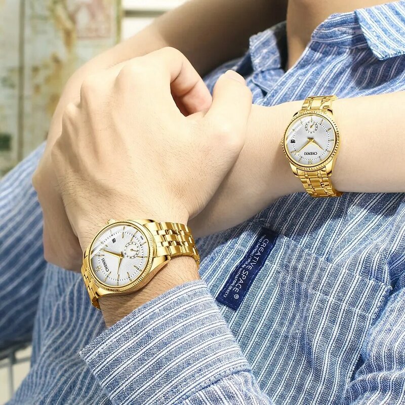 CHENXI-relojes dorados de moda para hombres y mujeres, reloj de cuarzo informal, acero inoxidable, calendario luminoso, reloj de pulsera impermeable