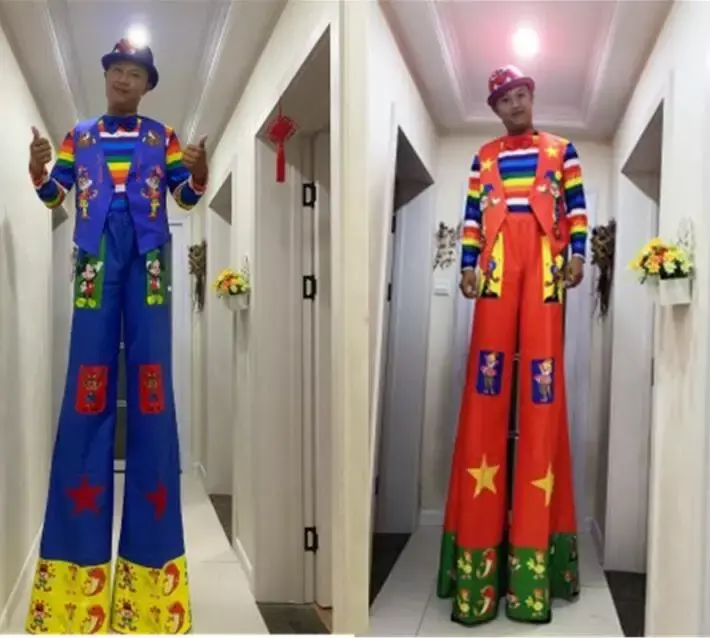 Terno de palhaço gigante masculino, Stilt bufão traje, desfile desempenho Festival