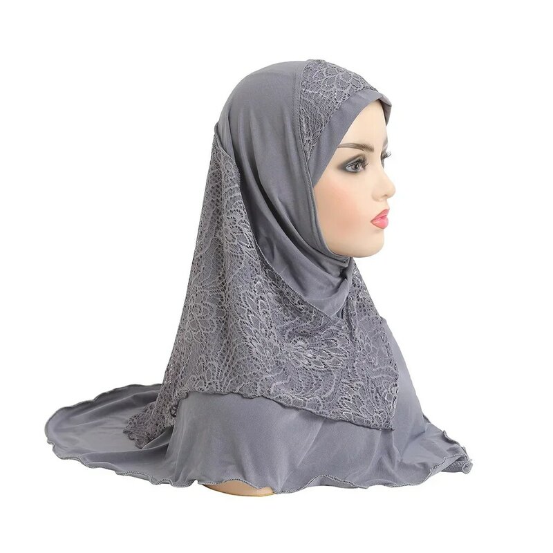 H126 Hoge Kwaliteit Middelgrote 70*60Cm Moslim Amira Hijab Met Kanten Pull On Islamitische Sjaal Hoofd Wrap Bidden Sjaals Dames Hoofddeksels