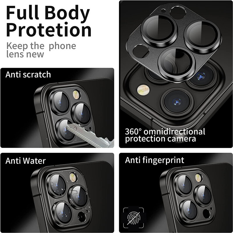 Lente de Câmera de Metal Protetor de Vidro, Acessórios iPhone 14, 13, 15 Pro Max, 12 Mini, 14 Plus, 14Pro, 13Pro, 15 Pro, i15