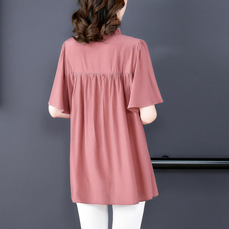 Women's Summer V-neck Blouses Patchwork Button Ruffles Folds Fashion Solid Color Loose Elegant All Match Short Sleeved Shirts