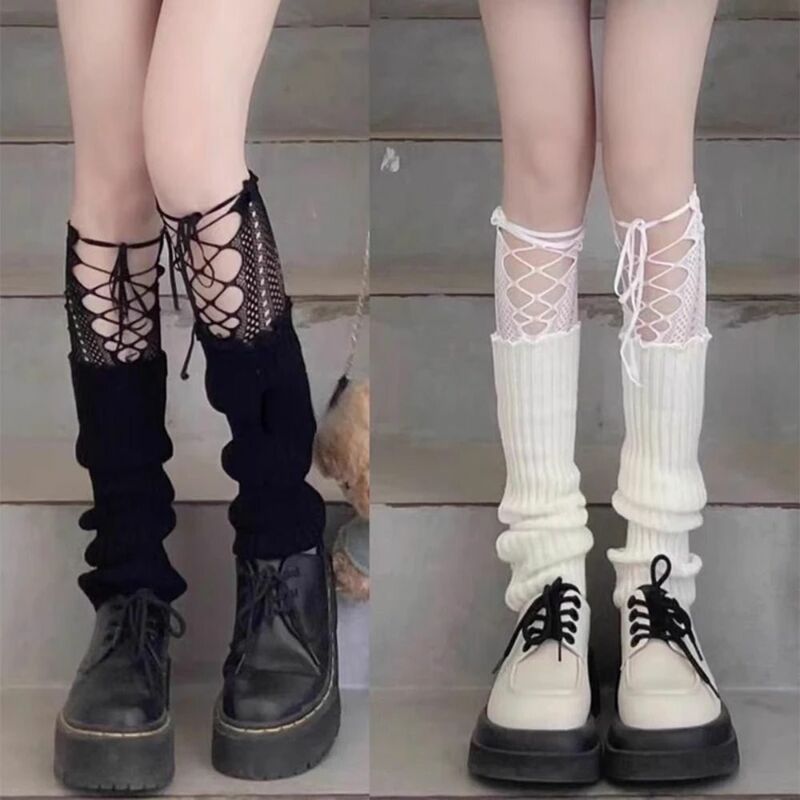 ถุงเท้ายาวถึงเข่าลายโลลิต้าถุงเท้าขายาว Y2K คลุมเท้าถักด้วยลูกไม้ปลอกขาแบบคาวาอิที่อุ่นขาแบบ Harajuku สีดำสีขาว Fishnet