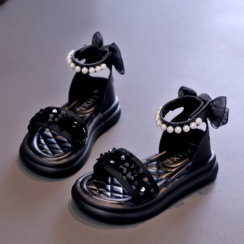 Sandal Romawi payet untuk anak perempuan, sandal Gladiator jari terbuka modis cantik motif Putri, sandal payet Musim Panas 2024 untuk anak perempuan