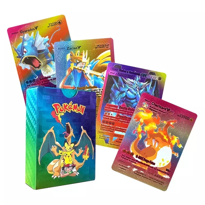 Caja de tarjetas de colección de Pokémon, color arcoíris, plata, negro, raro, dorado, francés, inglés, español, alemán, Pikachu, Cosplay, 55-135 piezas
