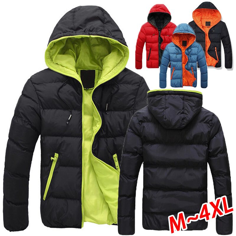 Men's winter zippered jacket fashionable thick insulation jacket padded hooded jacket solid color long sleeved down jacket