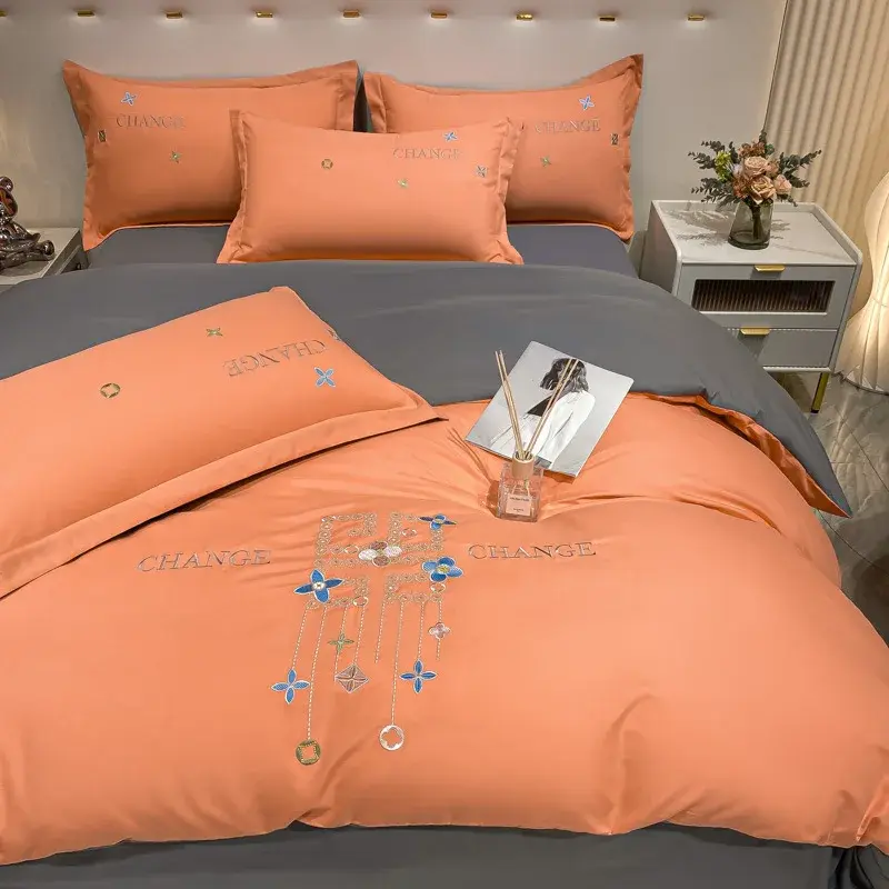 Biancheria da letto con ricamo spazzolato, set di quattro pezzi di lusso leggero, singolo, lenzuolo matrimoniale, copripiumino