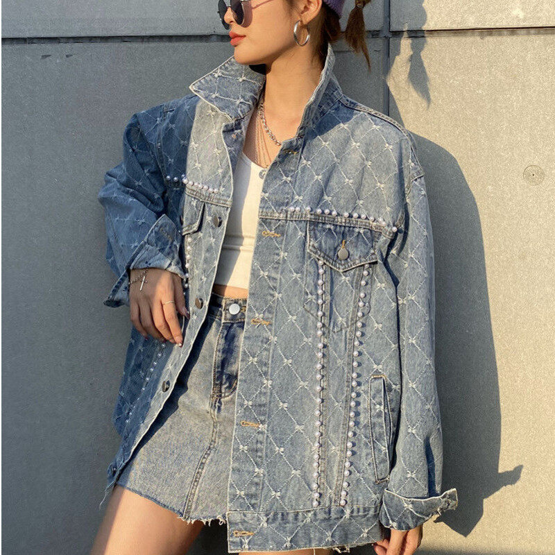 Весна-Осень 2022, модная Корейская джинсовая куртка с жемчугом, Корейская короткая куртка ручной работы для тяжелой промышленности
