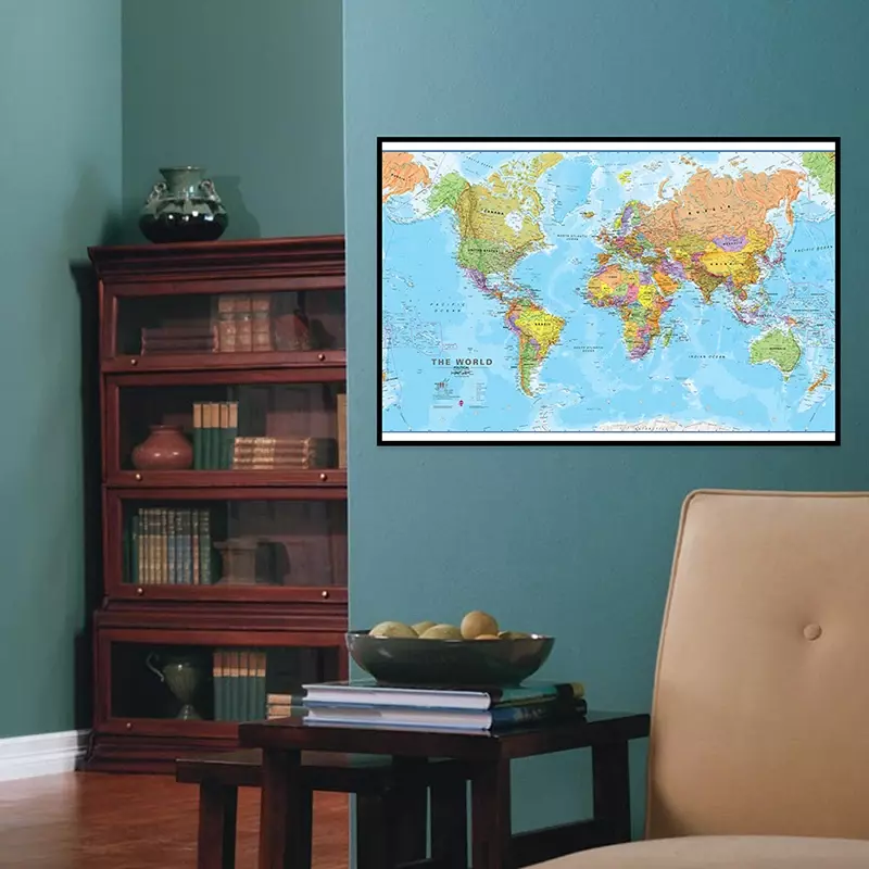 Pintura en lienzo del mapa política del mundo, póster de arte de pared moderno, suministros escolares, decoración del hogar y sala de estar, muy detallada, 60x40cm