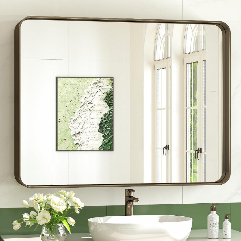 Specchio da parete da 60x30 pollici specchio da bagno marrone con struttura in metallo angolo arrotondato morbido in lega di alluminio per fattoria moderna
