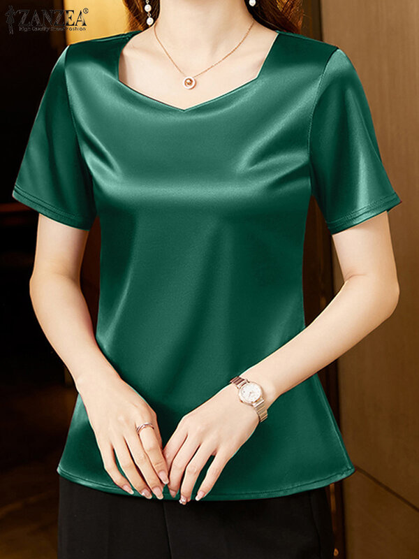 Элегантные атласные блузки, женские блузки ZANZEA 2024, летняя однотонная Повседневная Туника с коротким рукавом и воротником в виде сердца персикового цвета