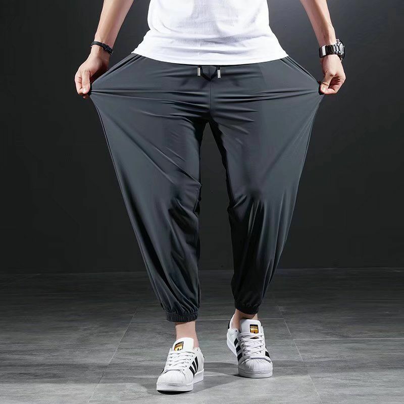 2023 Summer Quick-drying Ice Silk Casual Pants Male Ultra-thin Elastic Nine-point Pants Loose Drape Solid  Beam Feet Pants 8XL