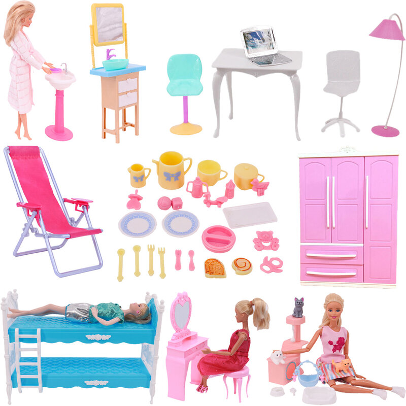 Mainan Rumah Boneka Barbie Kursi Meja Tempat Tidur Alat Pembersih Plastik untuk 11.8 Inci Aksesori Barbie Hadiah Model Furnitur Mini