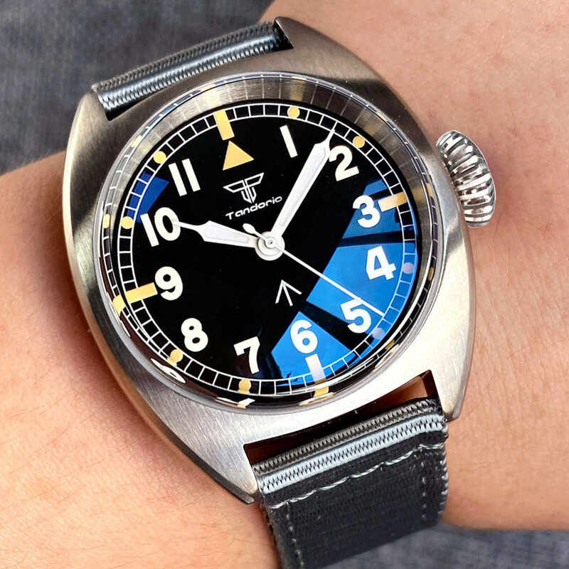 Tandorio NH35 PT5000 Dome Sapphire reloj mecánico pequeño para hombre, pulsera de piloto, banda de nailon verde Lume, reloj deportivo de acero, 36mm