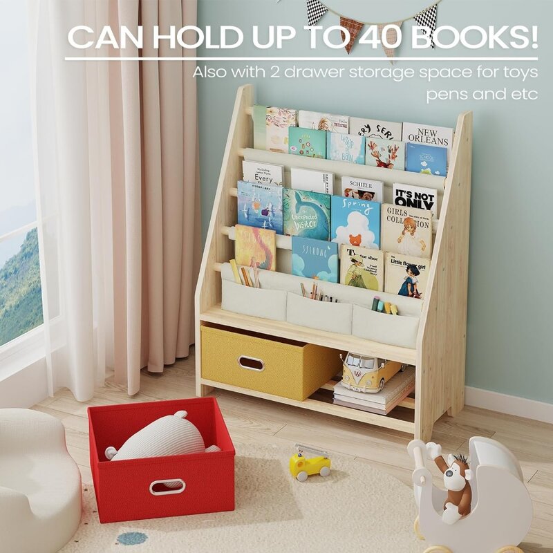 4 Tier Kids Book Shelf, Wooden Kids Book Rack Storage Bookshelf with Toy Storage Organizer,