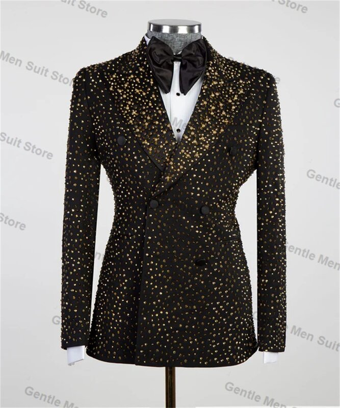 Gold Crystals Men Suits Set 2 Piece Blazer+Pant Luxury Black Prom Groom Wedding Tuxedo Coat Tailored Made Formal Office Jacket