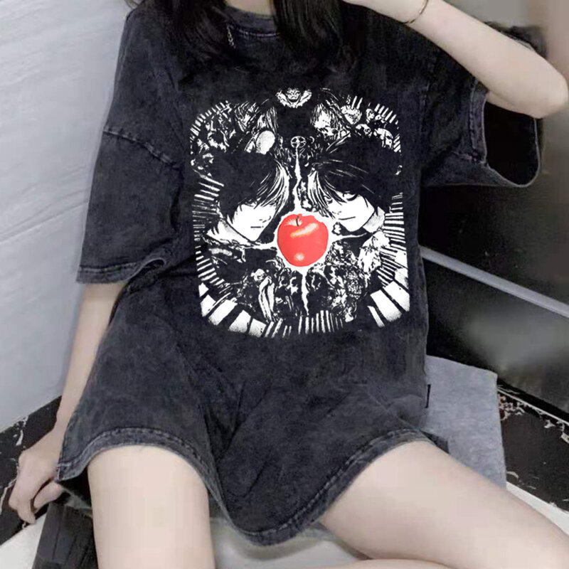 Забавная Летняя женская футболка в стиле аниме «Death Note», футболка оверсайз в стиле Харадзюку, винтажные Промытые футболки, уличная одежда Y2k, топы