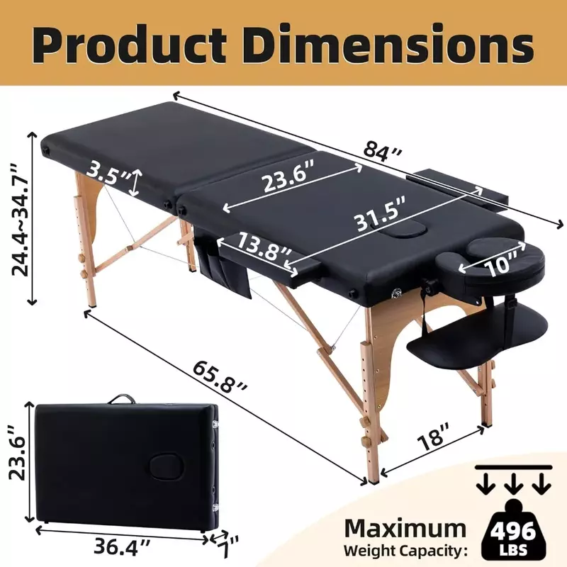 เตียงนวดโต๊ะแบบพกพาน้ำหนักเบา29ปอนด์เตียงสัก2ส่วนพับได้พร้อมอุปกรณ์เสริมกระเป๋าหิ้วสีดำ
