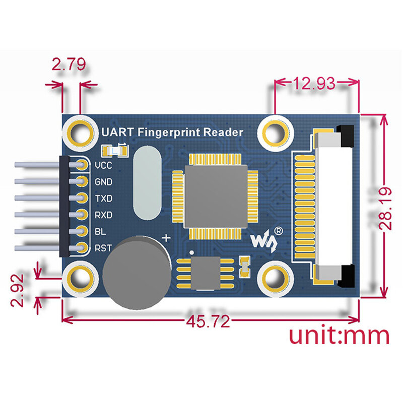 Czytnik linii papilarnych UART, procesor na pokładzie STM32F205, komercyjny algorytm pobierania odcisków palców, czujnik optyczny kolektor odcisków palców