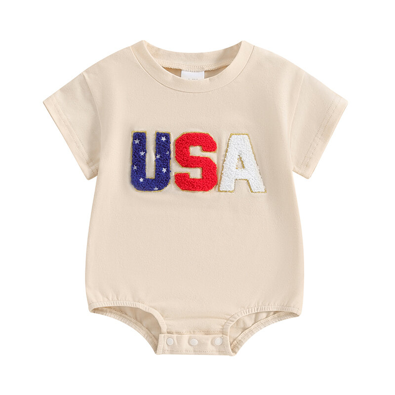 VISgogo Baby Girls and Boys Romper Round Neck Short Sleeve Letter Embroidery Jumpsuit Newborn 4th of July Clothing for Summer
