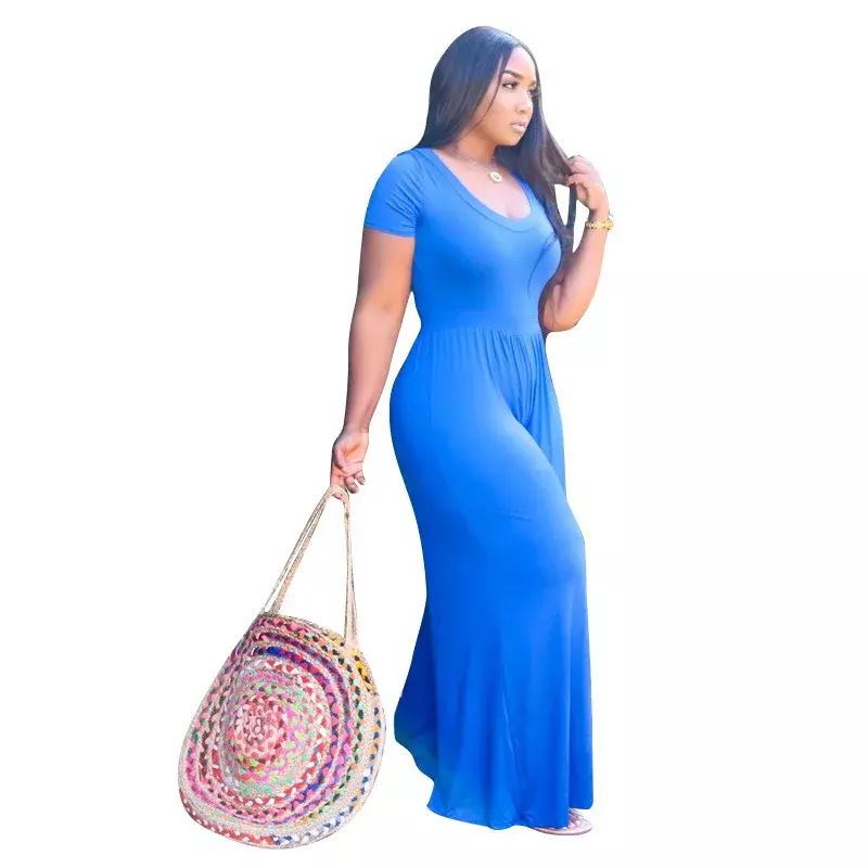 X-5XL Plus Size Jumpsuit Summer 2024 African Women Clothing Fashion Loose Short Sleeve Round Neck Wide Leg Rompers Wholesale